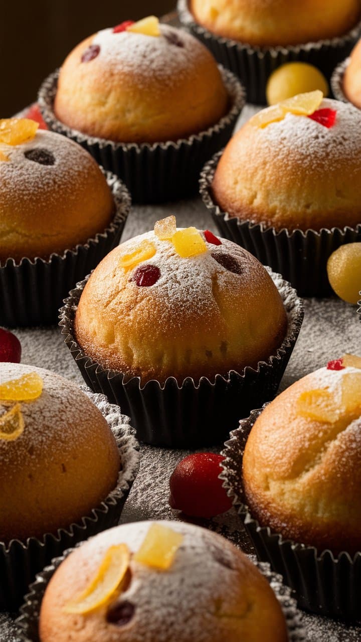 Muffins décorés de fruits confits et sucre glace