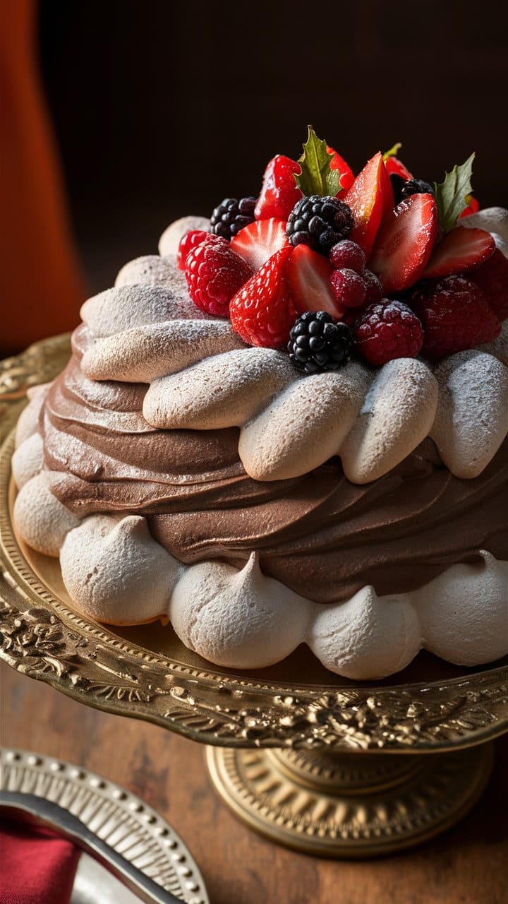 Gâteau meringue chocolat et fruits rouges sur plat doré.