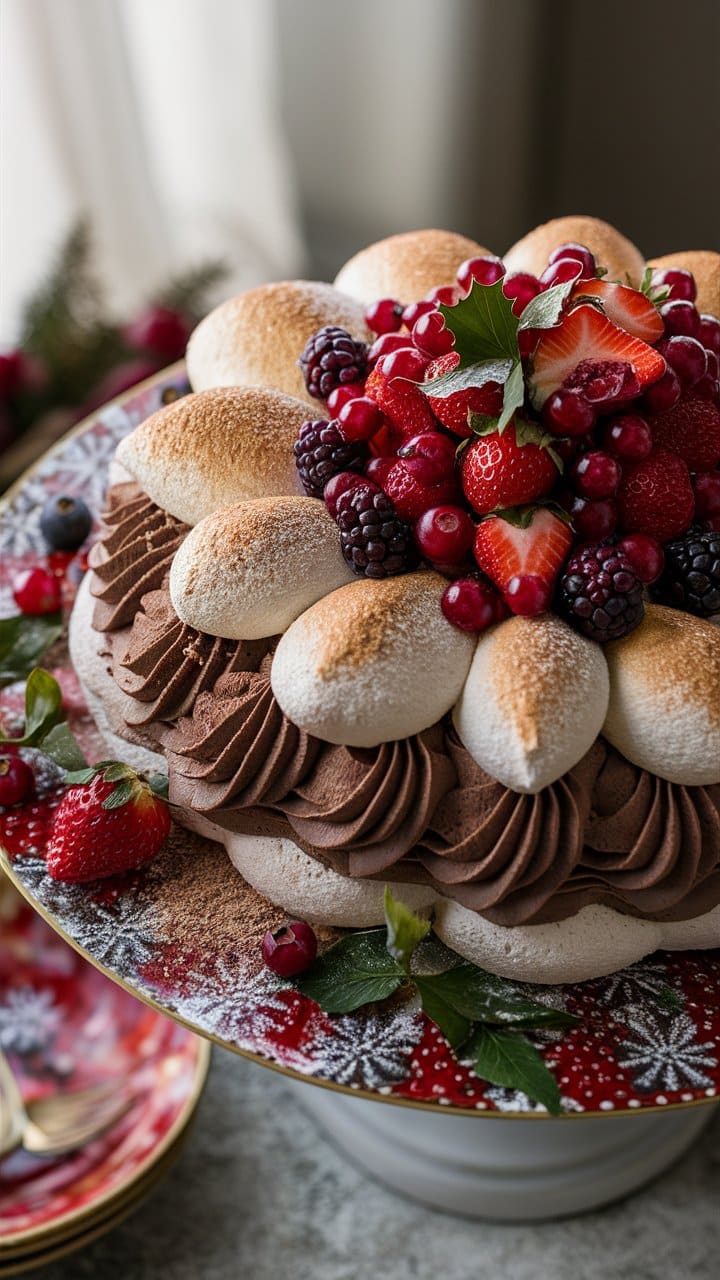 Gâteau chocolat et fruits rouges sur plateau festif.