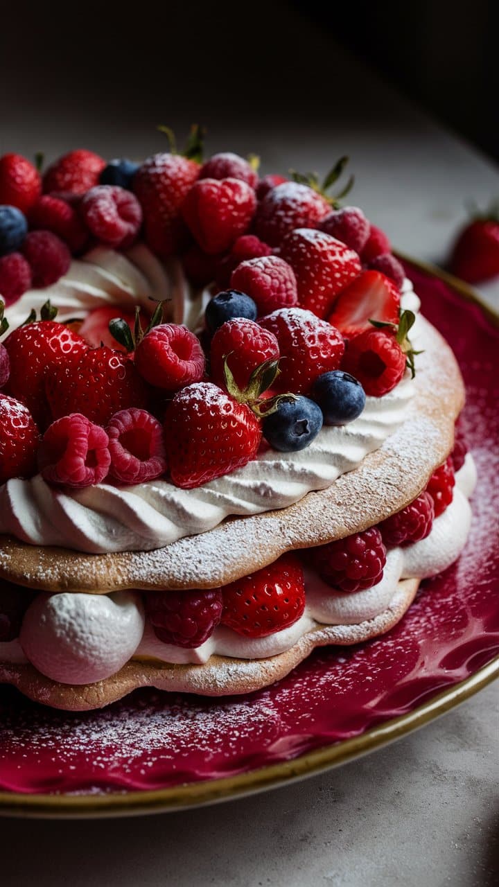 Dessert aux fruits rouges et crème Chantilly.