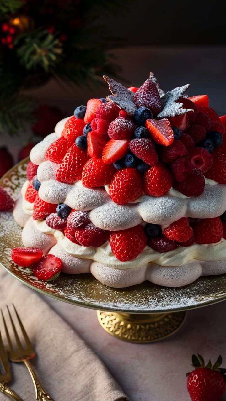 Gâteau aux fruits rouges sur plat doré.