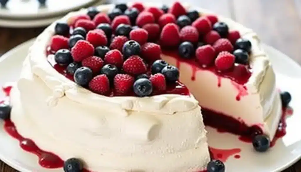 Gâteau aux fruits rouges sur assiette blanche.