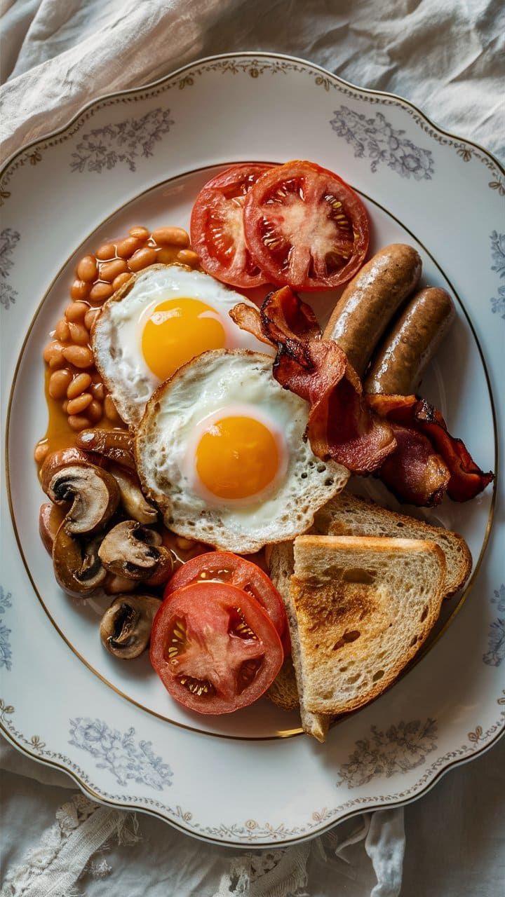 Petit-déjeuner anglais complet avec œufs et bacon.