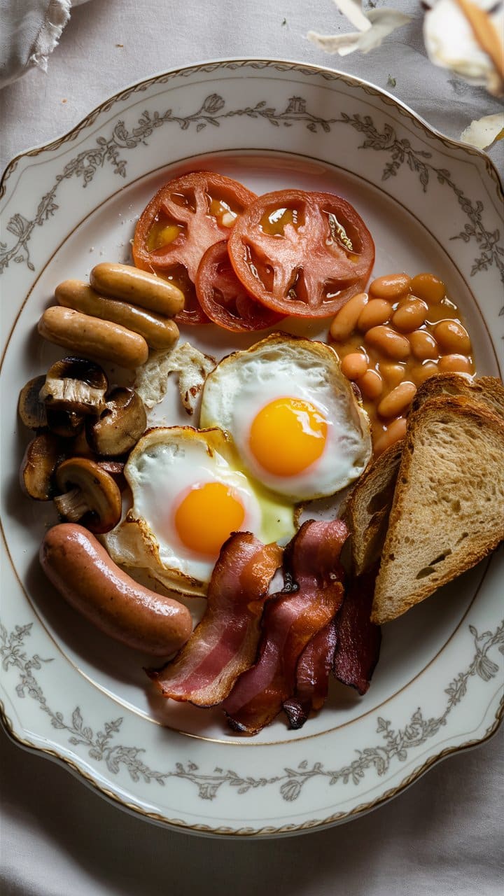 Petit-déjeuner anglais complet sur assiette décorée.
