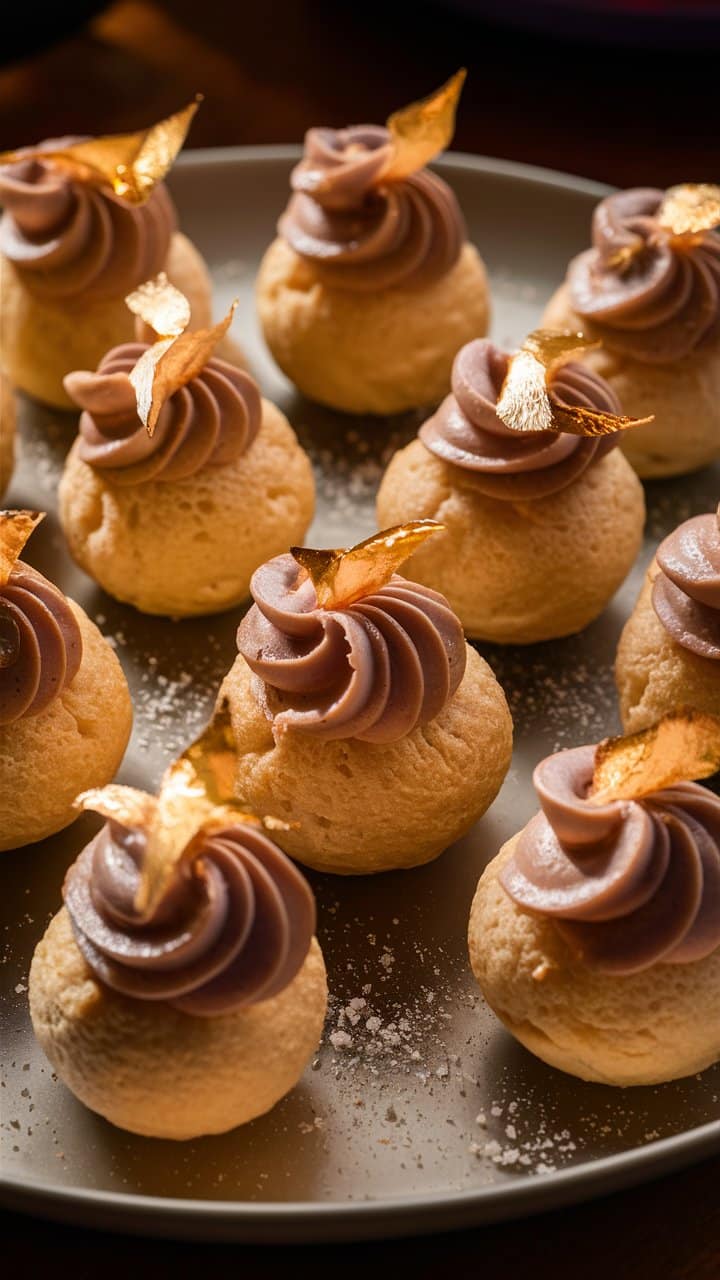 Choux à la crème avec garniture dorée.