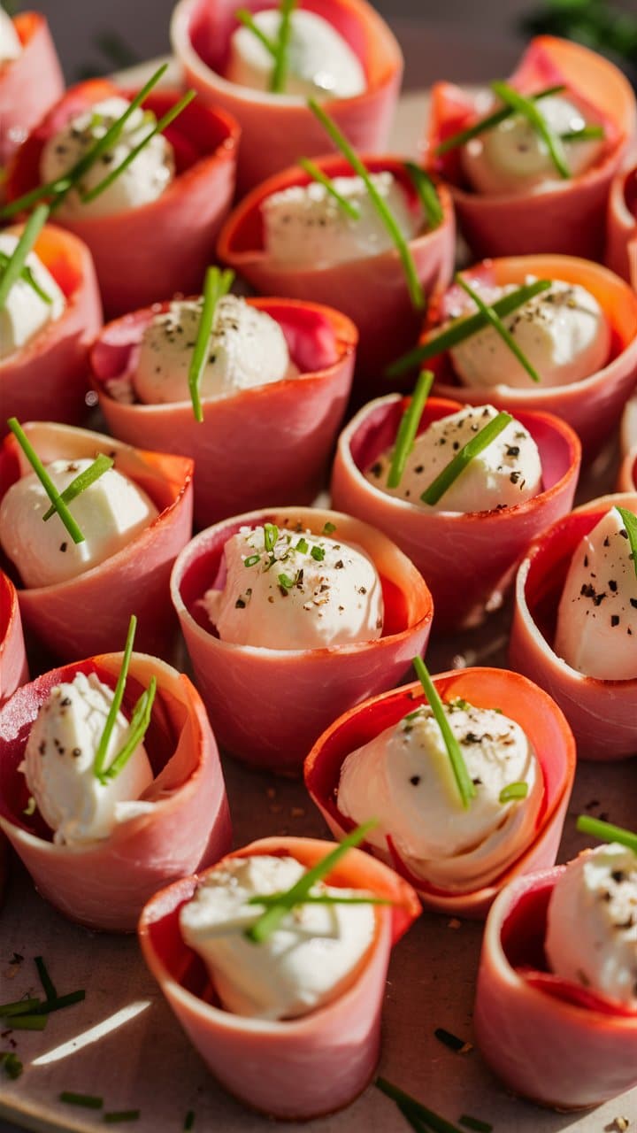 Roulés jambon fromage frais avec ciboulette et poivre.