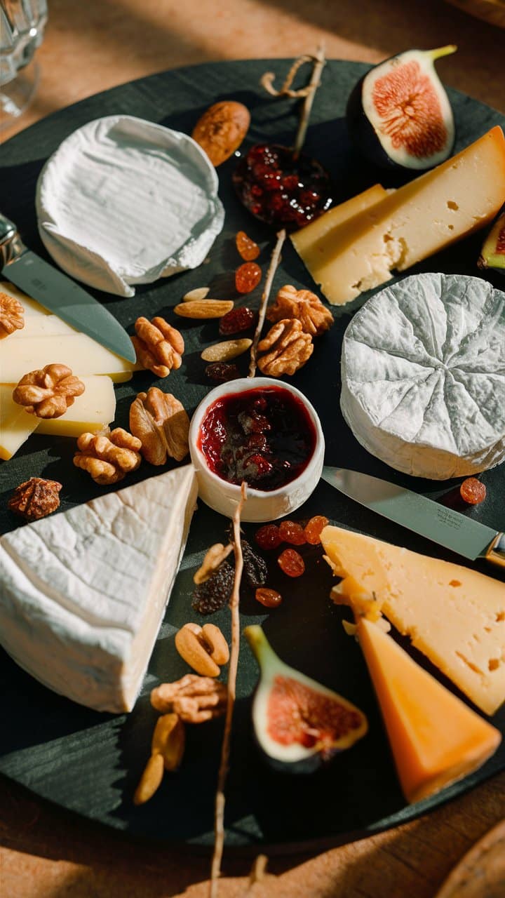 Plateau de fromages avec fruits secs et figues.