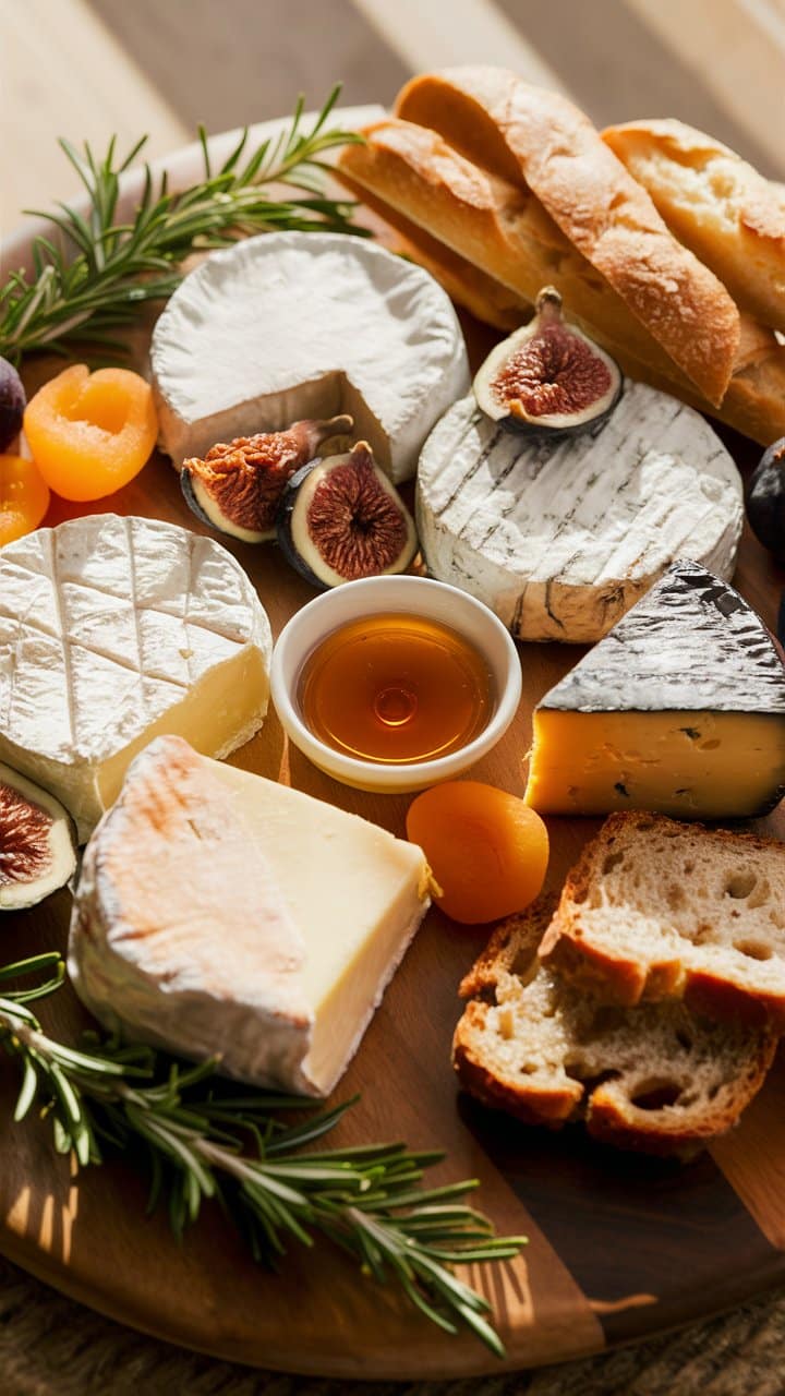 Plateau de fromages, pain et fruits secs.