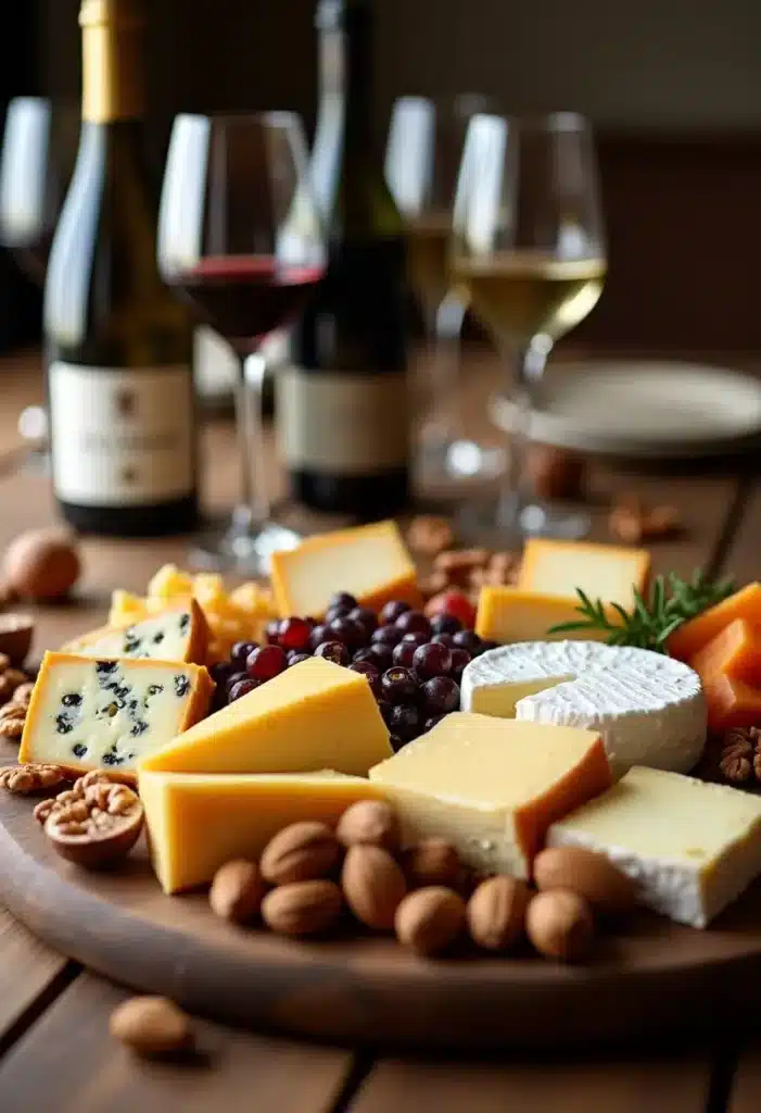 Plateau de fromages variés avec vin et noix.