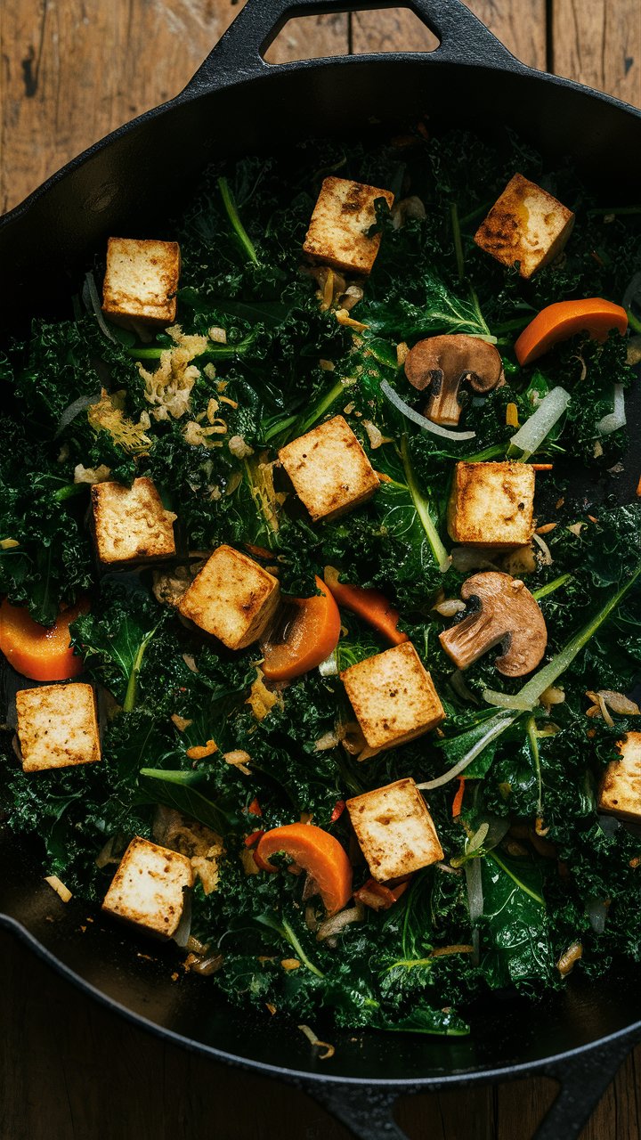Poêlée de tofu, épinards et champignons.