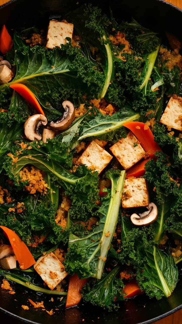 Légumes sautés avec tofu, champignons et kale.