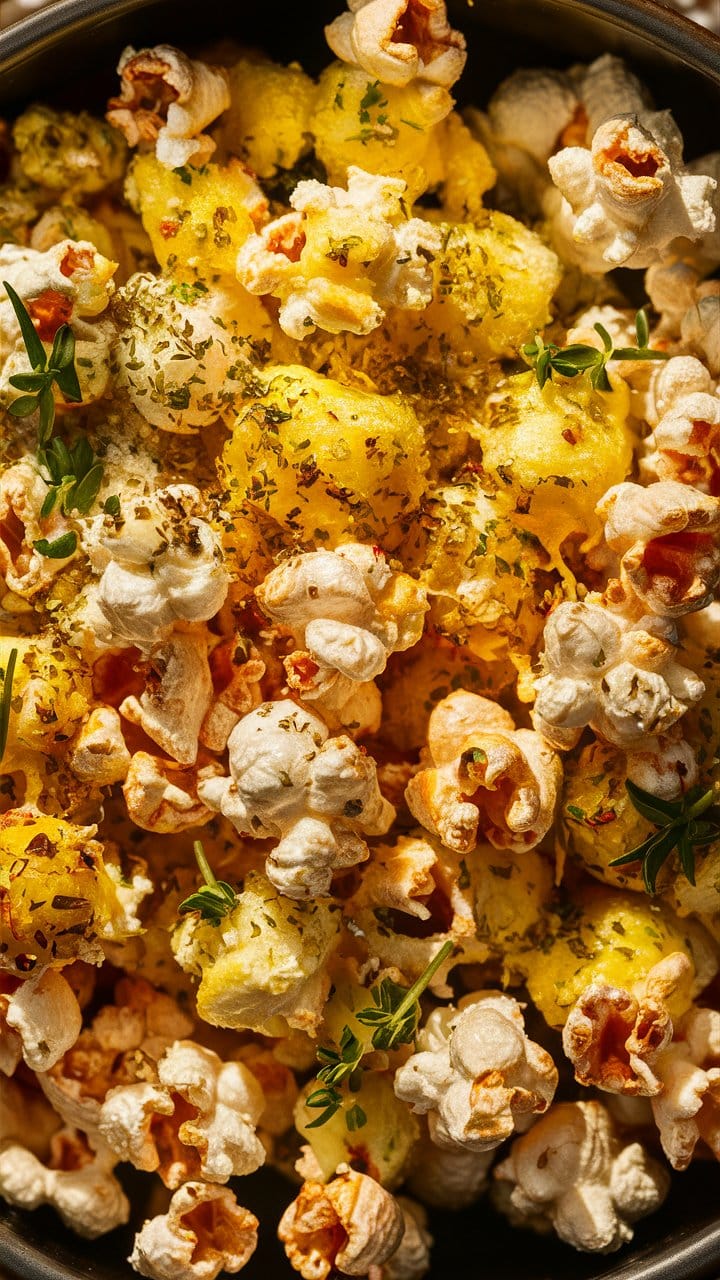 Popcorn assaisonné avec herbes fraîches, gros plan.
