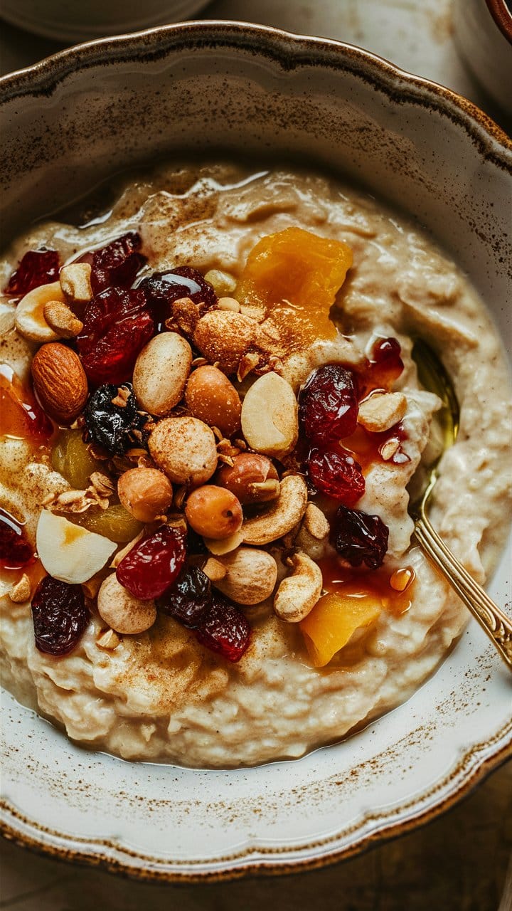 Bol de porridge avec fruits secs et noix