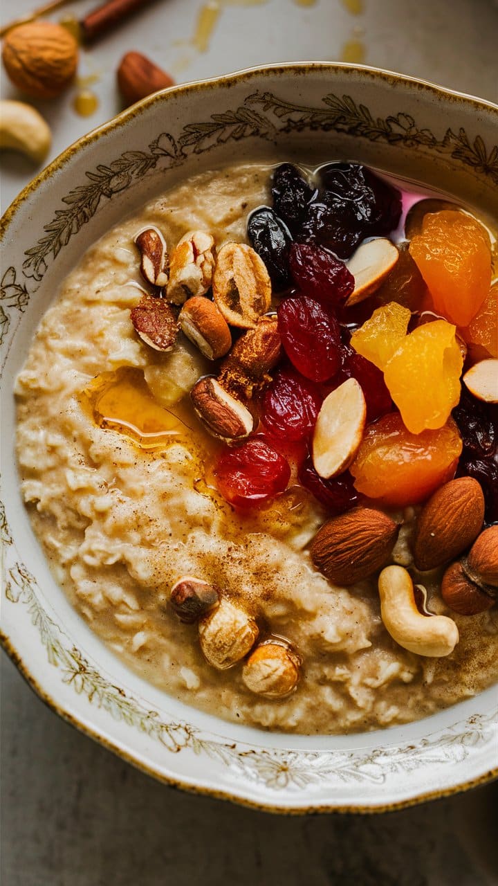 Bol de porridge aux fruits et noix.