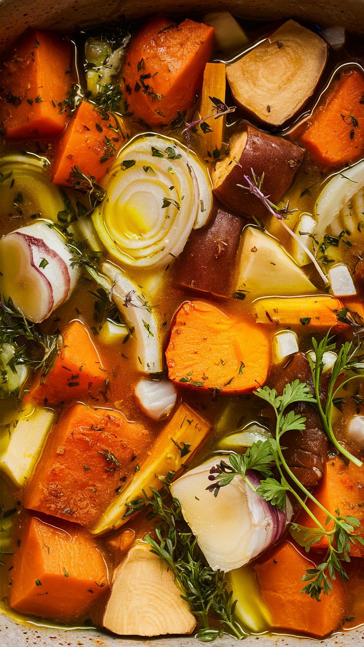 Soupe de légumes d'automne avec herbes fraîches.