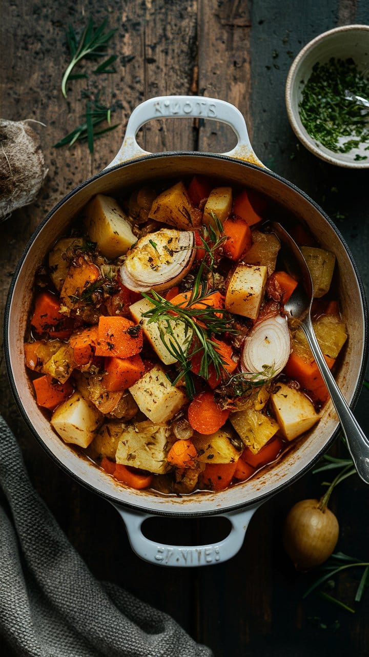 Ragoût de légumes d'automne dans une cocotte.