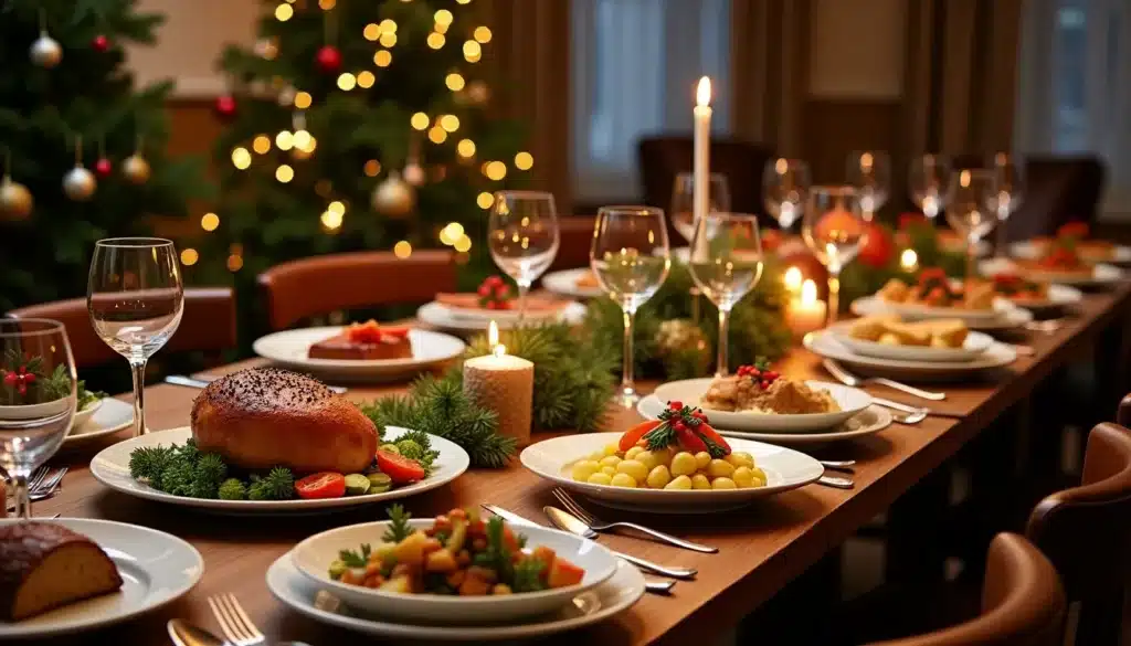 Table festive décorée pour Noël.