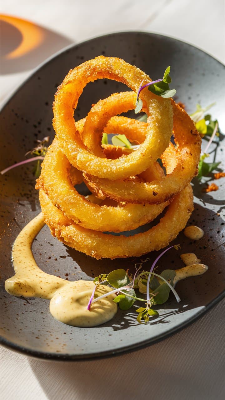 Rondelles d'oignon croustillantes avec sauce crémeuse