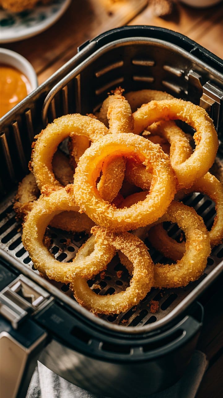 Rondelles d'oignon croustillantes dans une friteuse à air