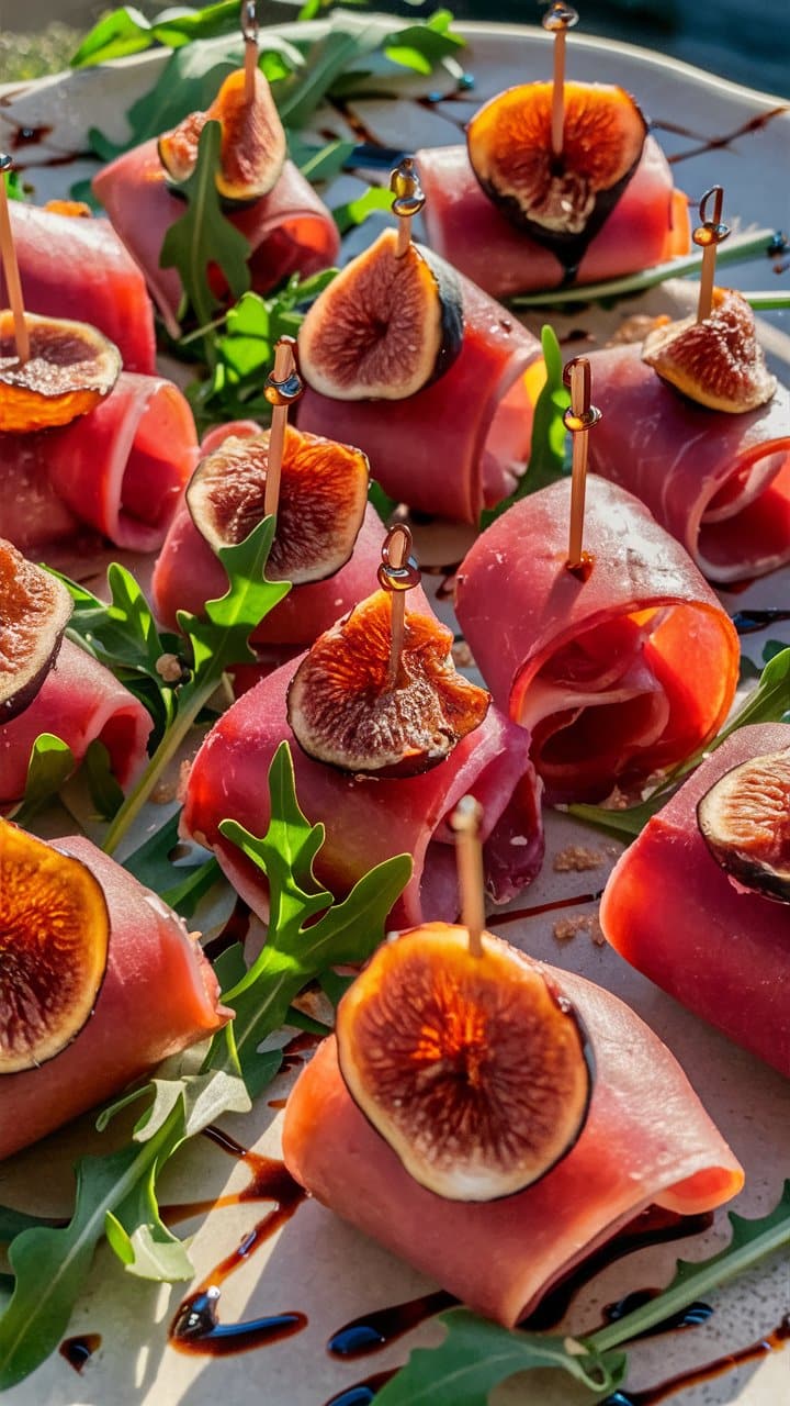 Bouchées de jambon et figues, décorées de roquette.