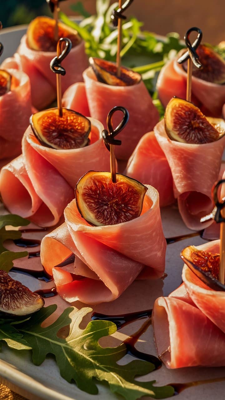Amuse-bouches de jambon et figues sur assiette.