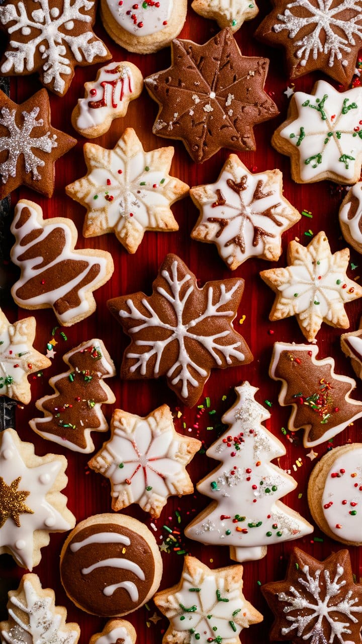 Biscuits de Noël décorés sur une table rouge.