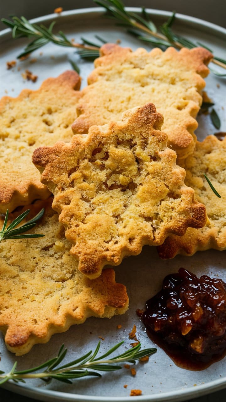 Sablés au romarin et confiture sur assiette.