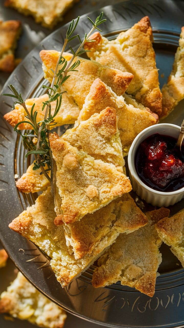 Tartes triangulaires avec confiture sur assiette.
