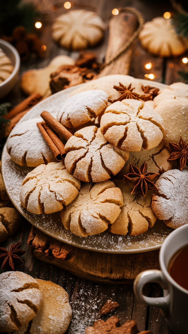 Biscuits de Noël épicés sur une table en bois.