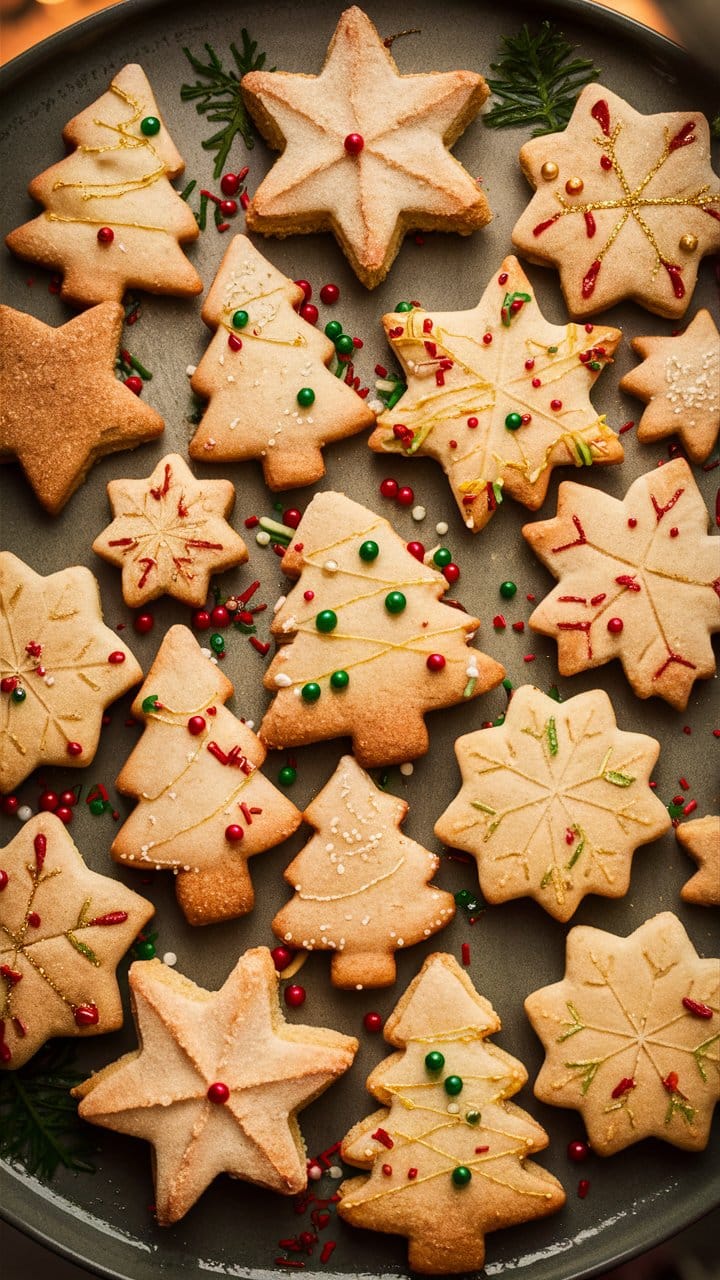 Biscuits de Noël en forme d'étoiles et sapins.