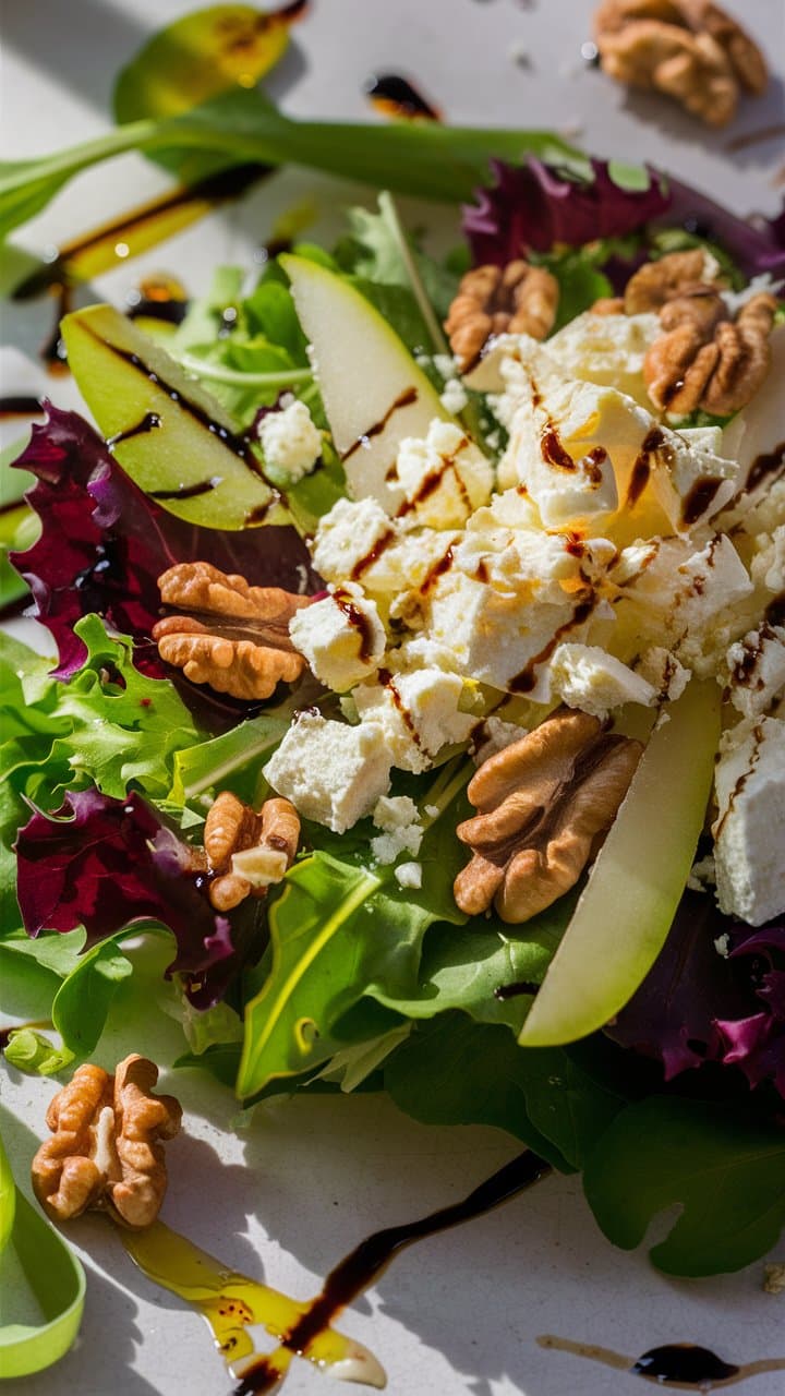 Salade chèvre, noix, pomme, vinaigrette balsamique.