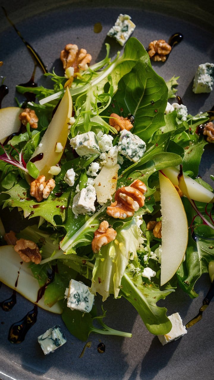 Salade verte avec fromage, poires et noix.