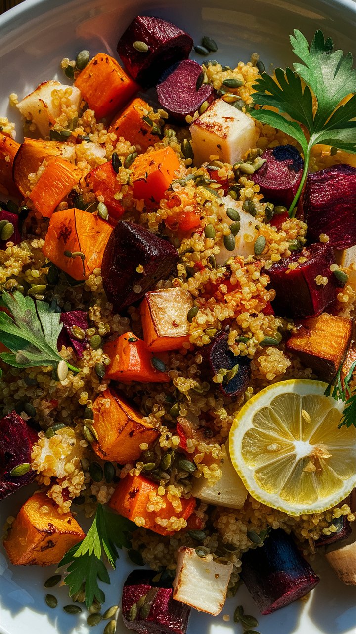 Salade quinoa légumes colorés, citron et graines.