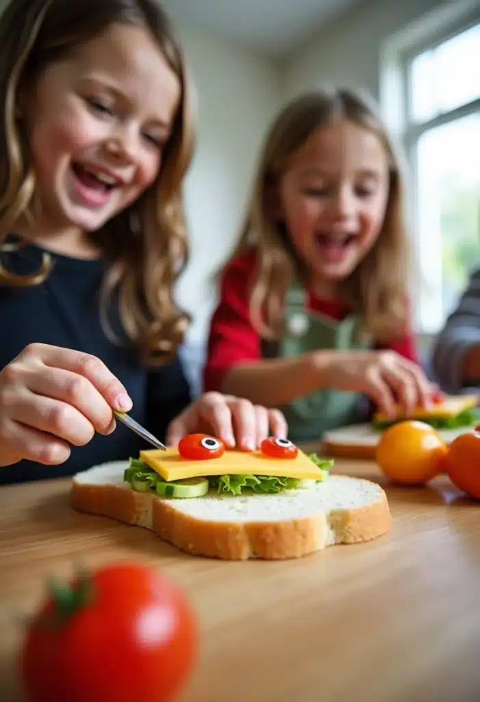 Enfants préparant des sandwichs amusants avec plaisir.