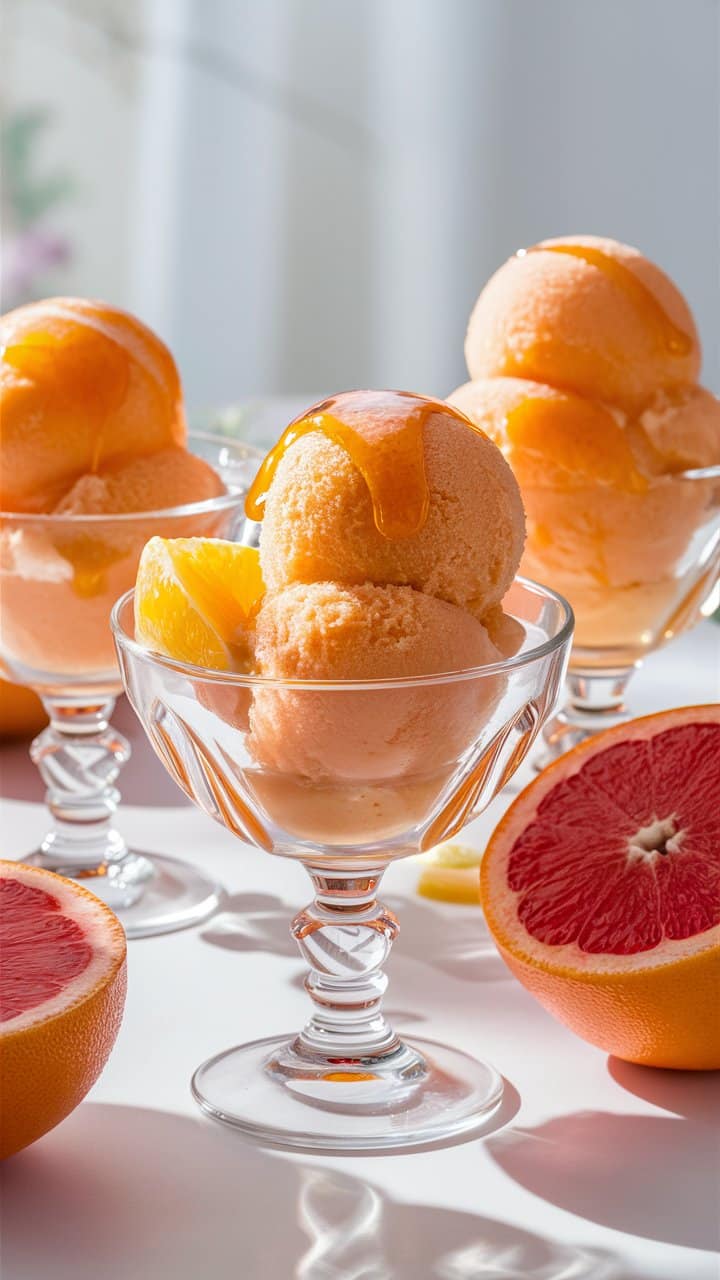 Sorbet orange et pamplemousse dans des coupes glacées.