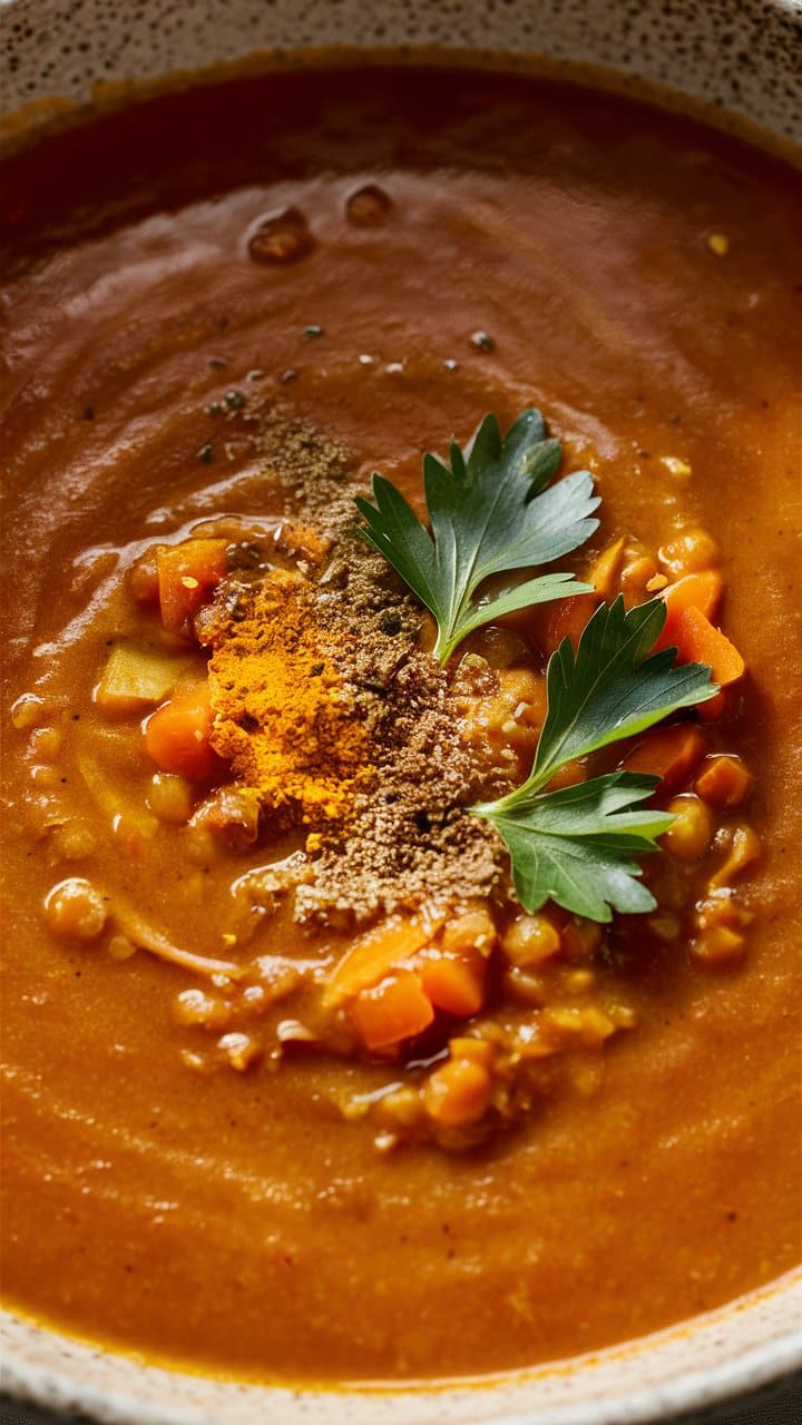 Soupe épicée garnie de persil frais.