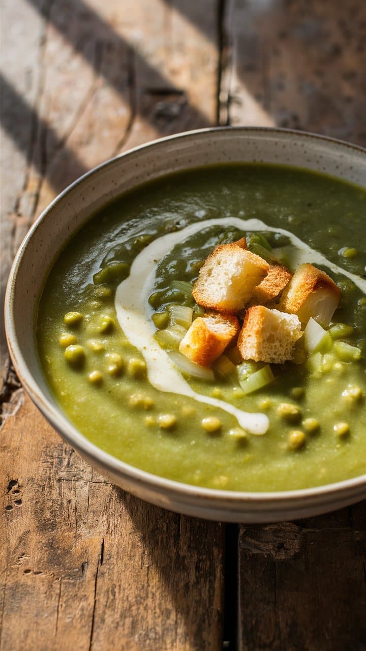 Soupe verte avec croûtons sur table en bois.