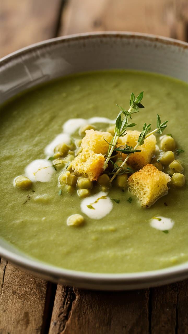 Soupe verte aux croûtons et herbes fraîches.