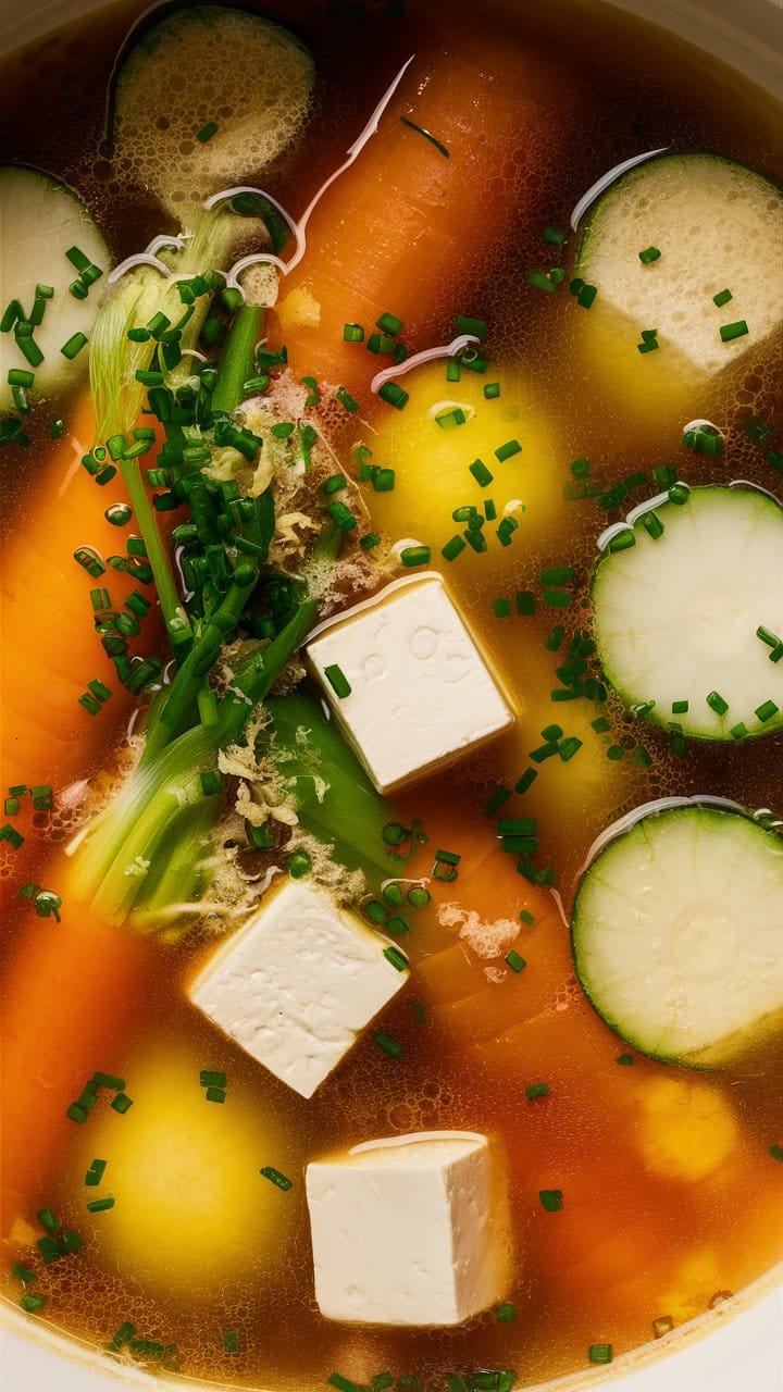 Soupe de légumes avec tofu et ciboulette.