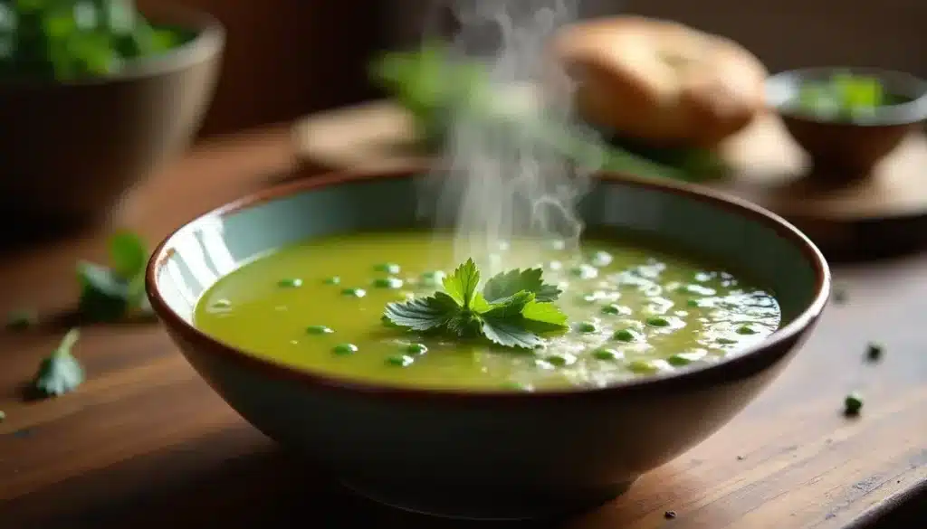Soupe verte fumante avec pois et persil.