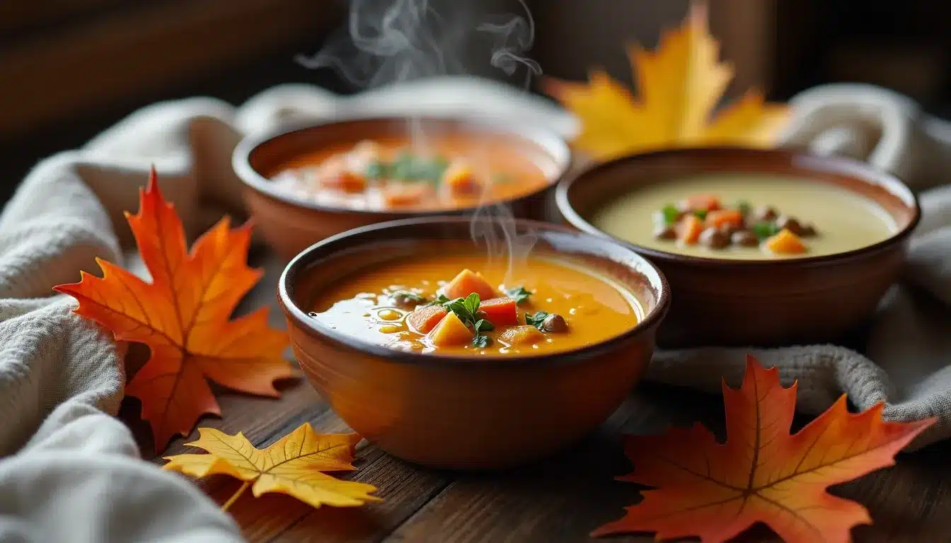 Trois soupes automnales avec feuilles colorées