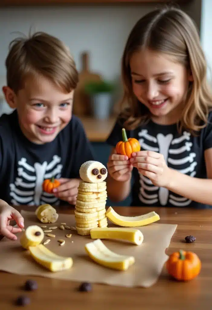 Enfants fabriquant une sculpture de banane Halloween.