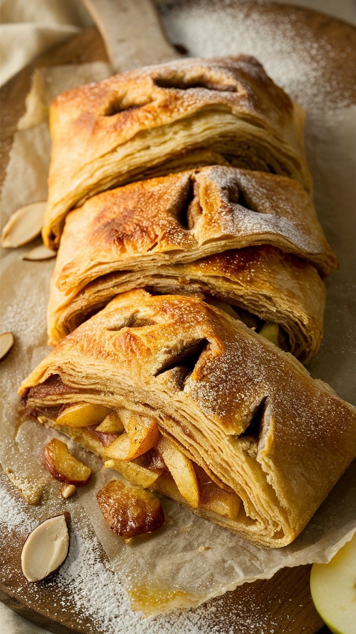 Strudel aux pommes doré et feuilleté, tranché.