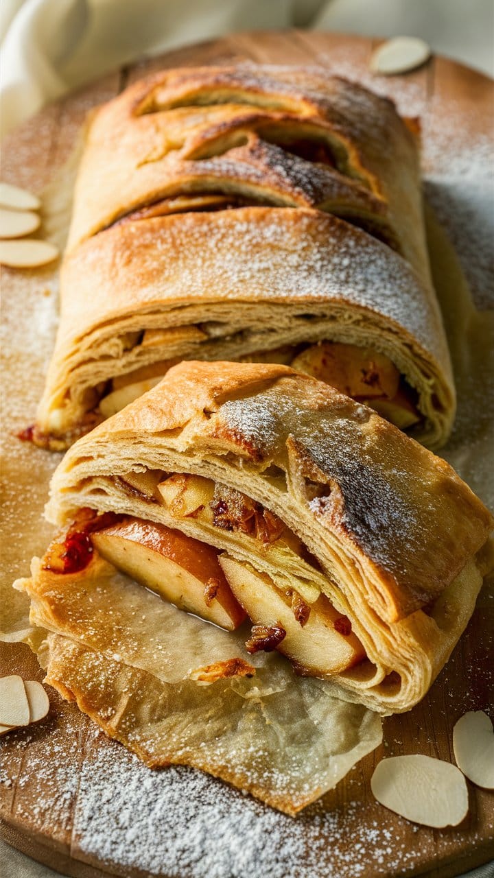 Strudel aux pommes saupoudré de sucre glace.