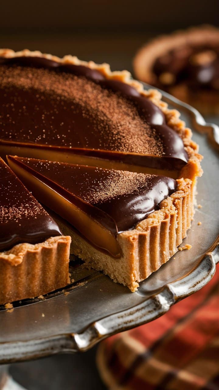 Tarte au chocolat avec une part manquante.