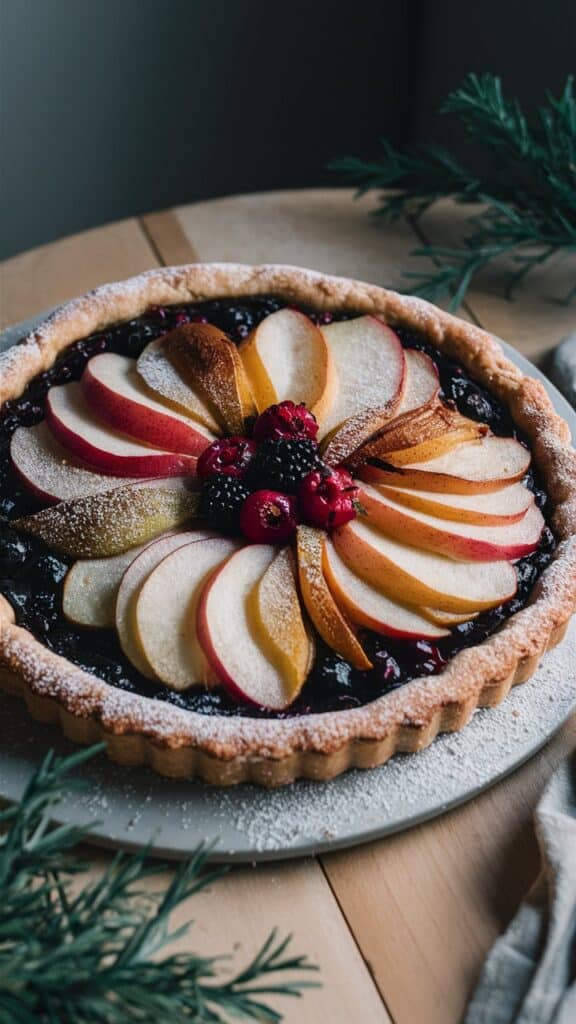 Tarte aux fruits d'hiver sur table en bois.
