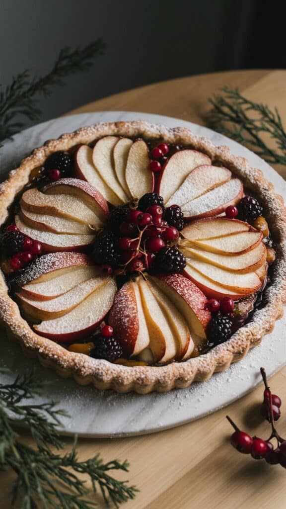 Tarte aux poires et fruits rouges sur plat blanc.