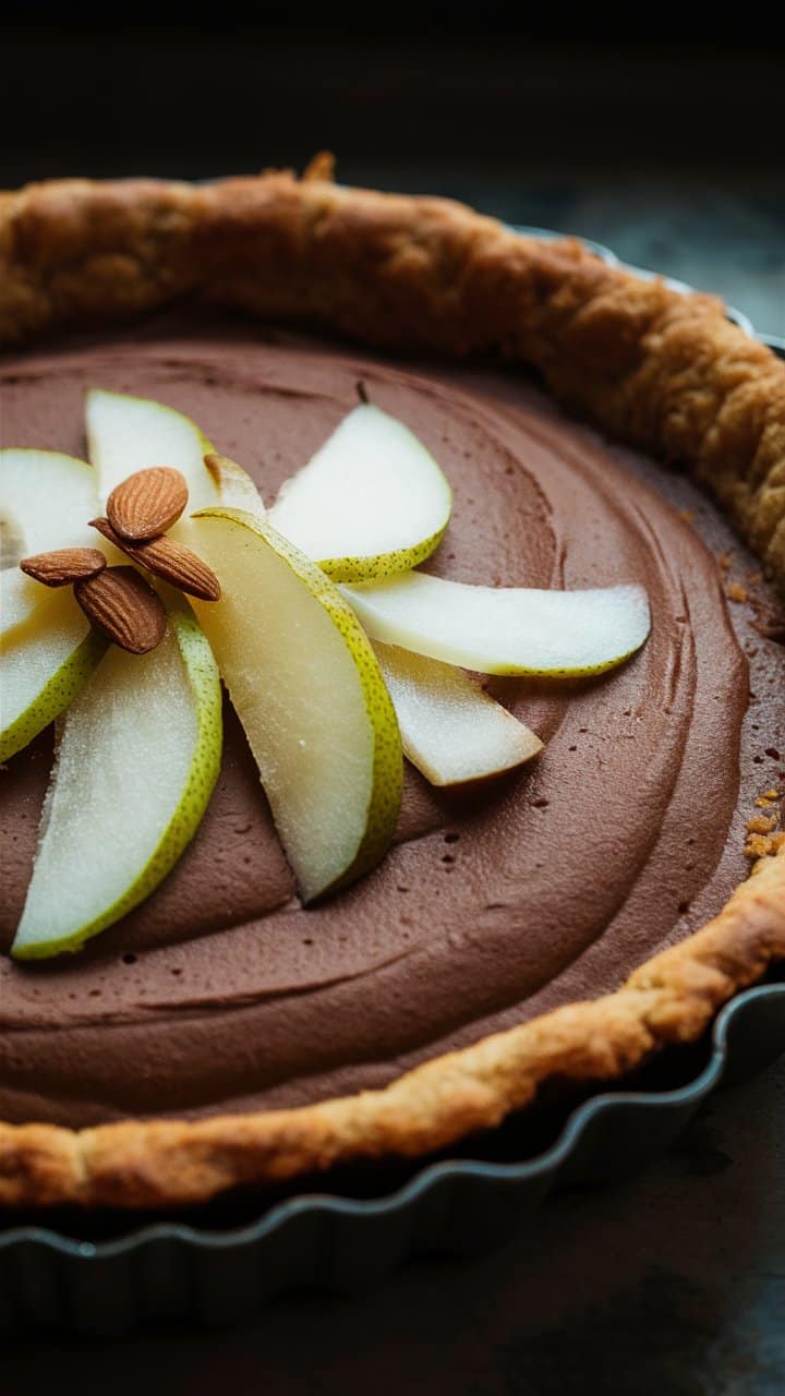 Tarte chocolatée avec poires et amandes.