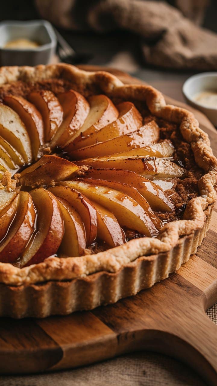 Tarte aux poires sur planche en bois.