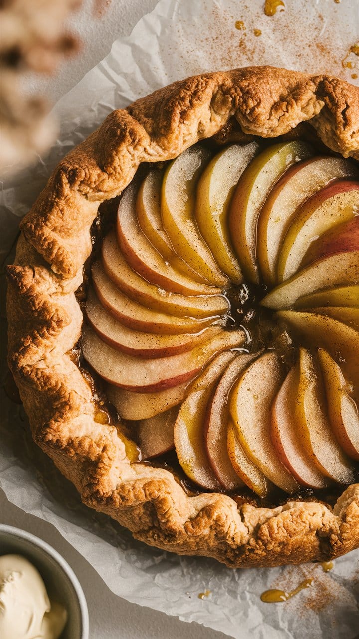 Tarte aux pommes rustique sur papier parchemin.